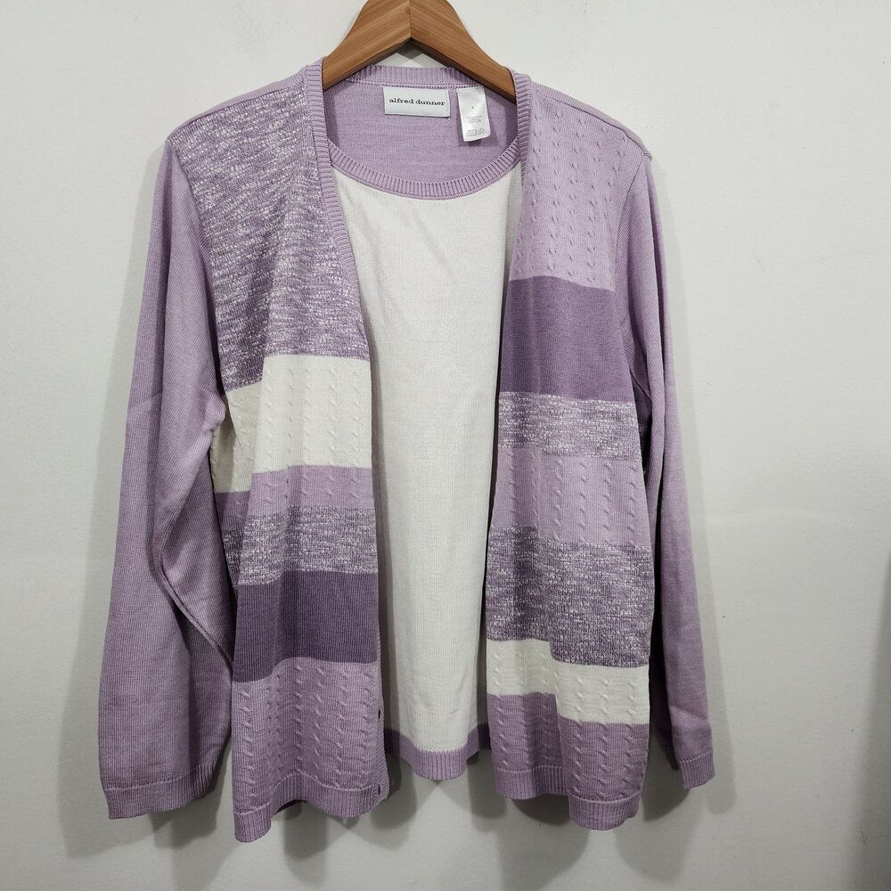 Alfred Dunner Blurred Stripes Knit Cardigan Button-front Purple White Womens L - Picture 8 of 14